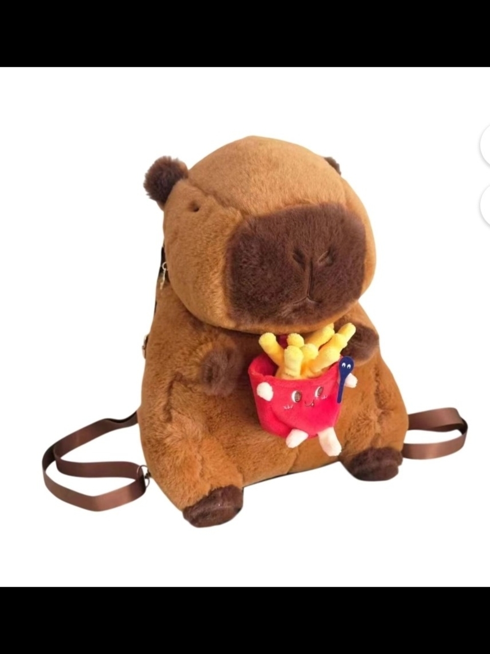 Kawaii Plush capybara backpack with a red cup of fries
